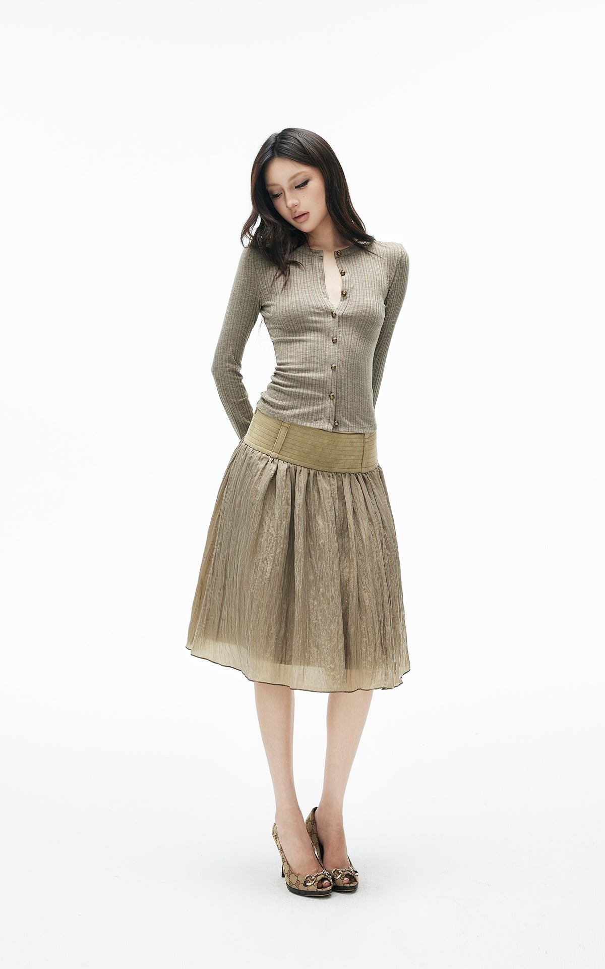 IAMXIAA Sculpted Ribbed Long Sleeve Top with Vintage Metal Button Detailing