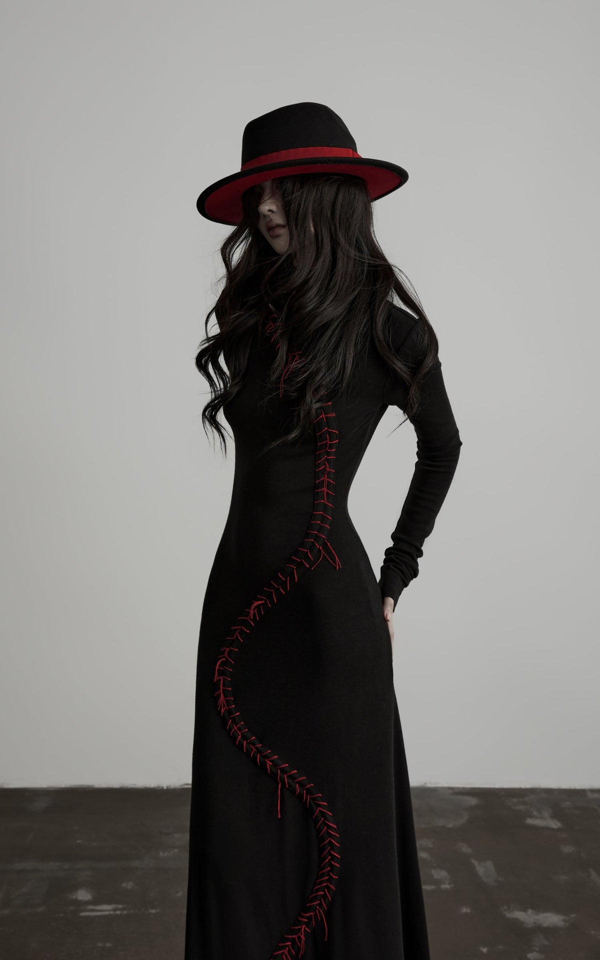 DOINDULGE High Neck Contrast Stitch Knit Maxi Dress
