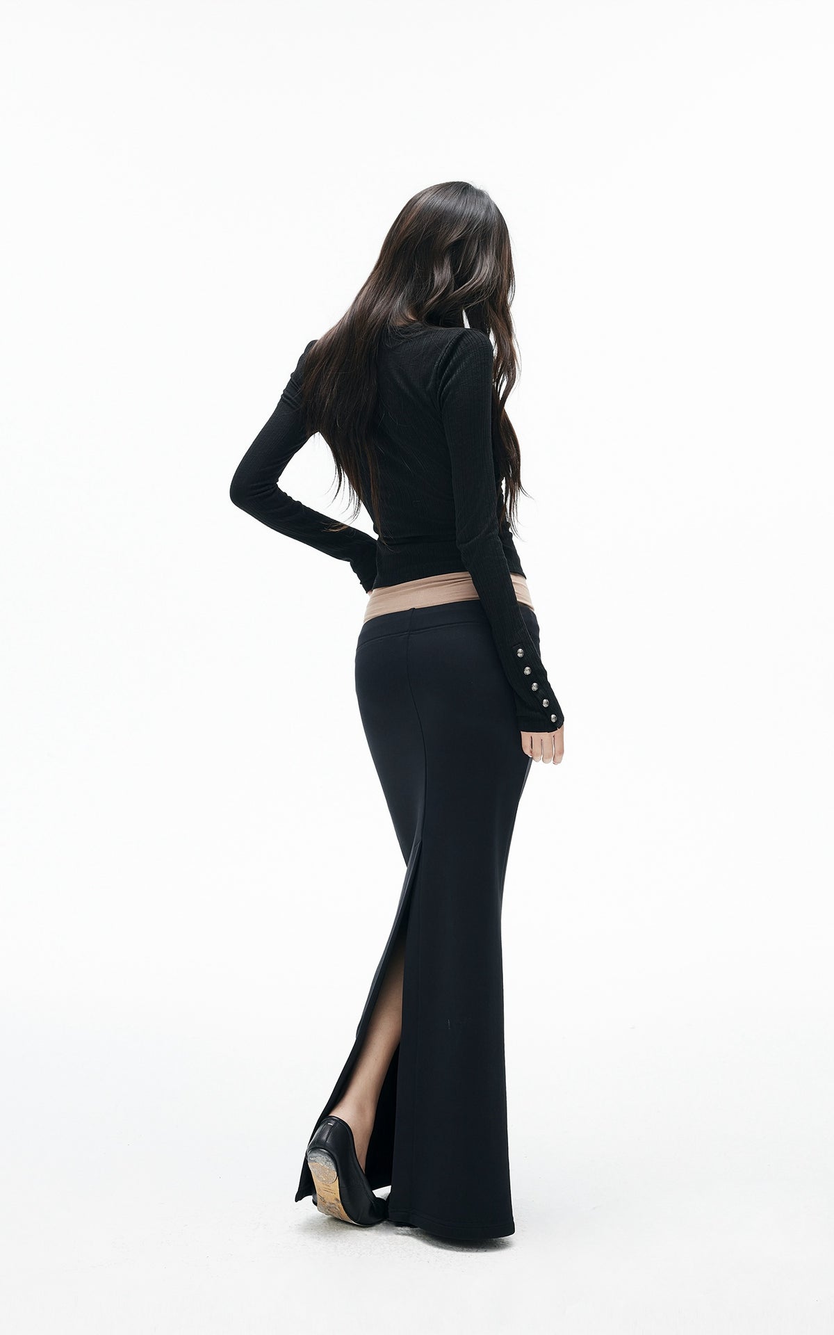 IAMXIAA Sculpted Ribbed Long Sleeve Top with Vintage Metal Button Detailing