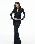 IAMXIAA Sculpted Ribbed Long Sleeve Top with Vintage Metal Button Detailing