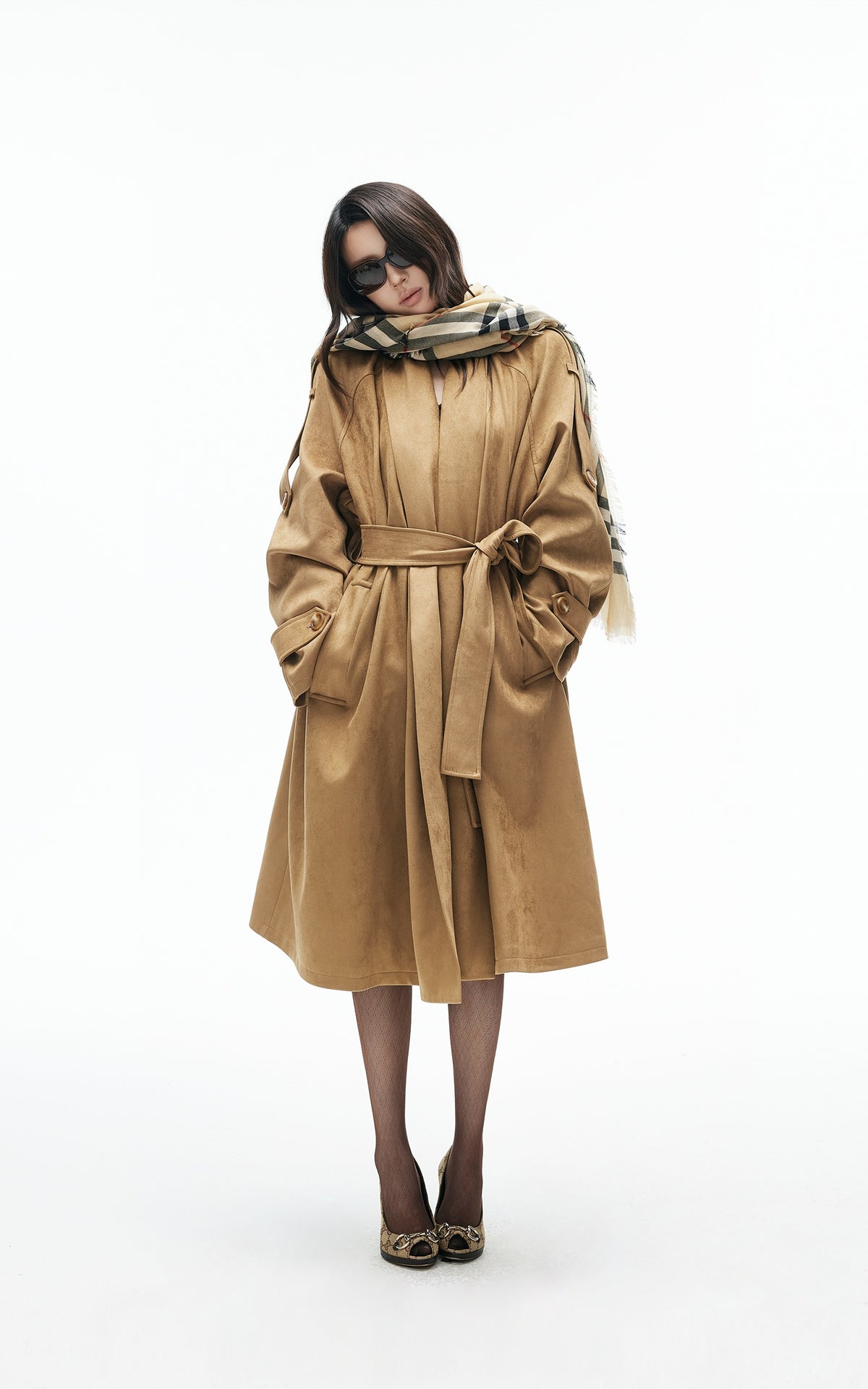 IAMXIAA Manteau trench en suédine drapé avec ceinture