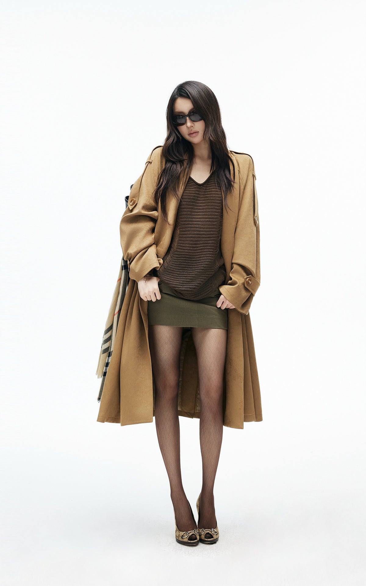 IAMXIAA Manteau trench en suédine drapé avec ceinture