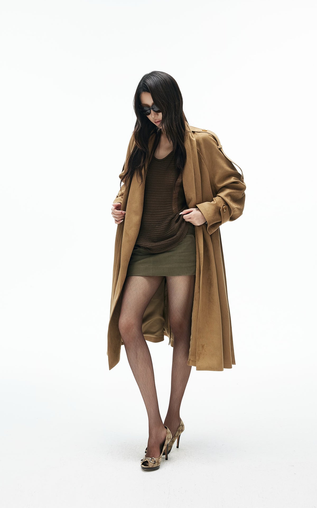 IAMXIAA Manteau trench en suédine drapé avec ceinture