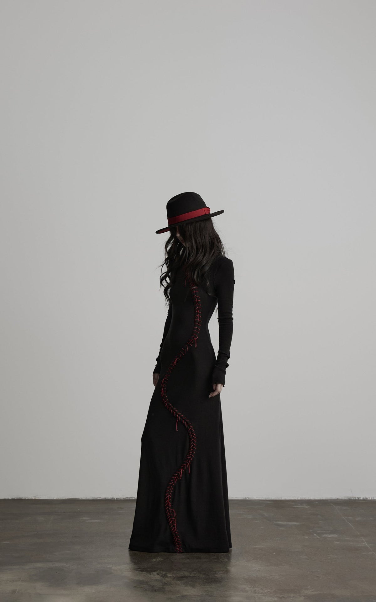 DOINDULGE High Neck Contrast Stitch Knit Maxi Dress