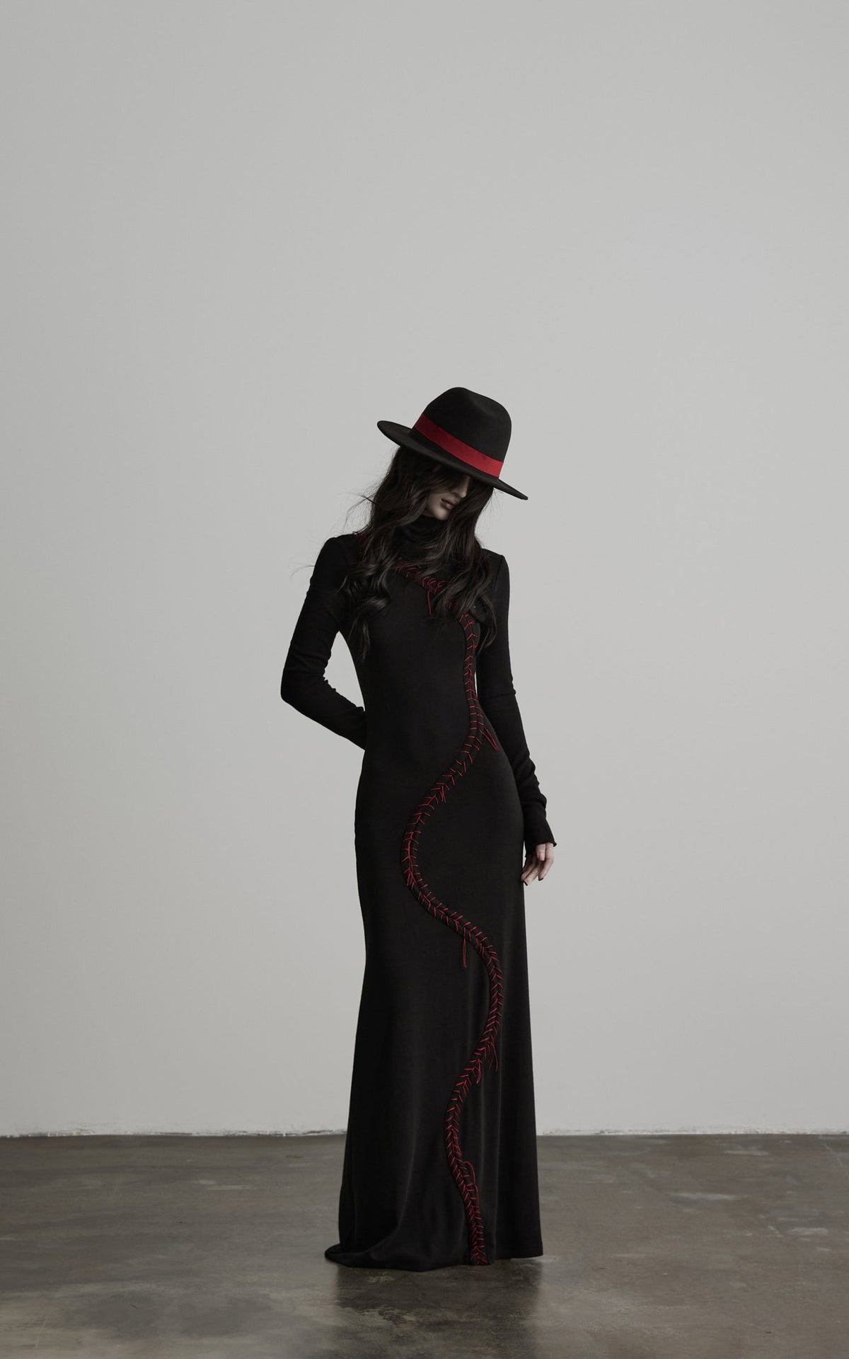 DOINDULGE High Neck Contrast Stitch Knit Maxi Dress