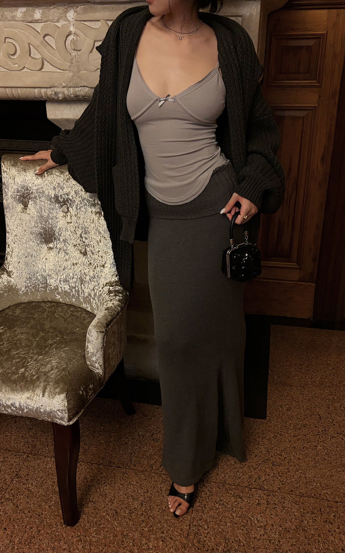 Hydrae Foldover Waist Flared Knit Maxi Skirt