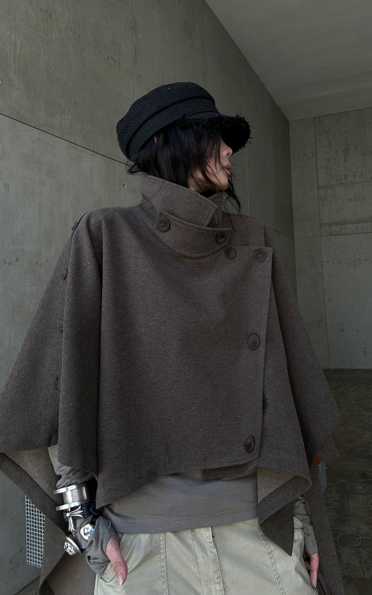 WARDEN EDGE Asymmetric High-Neck Draped Cape Top