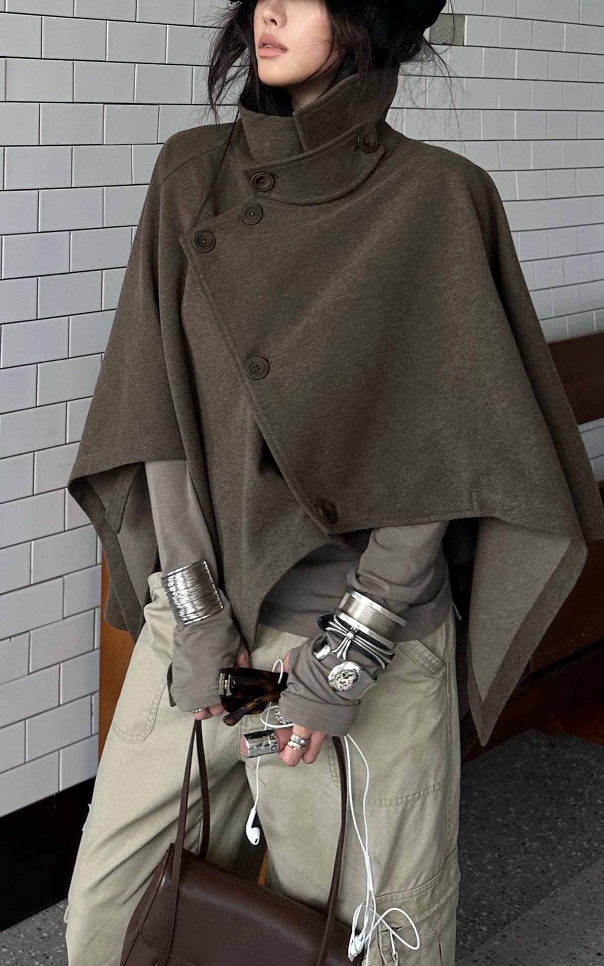 WARDEN EDGE Asymmetric High-Neck Draped Cape Top