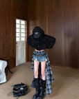 WARDEN EDGE Deconstructed Plaid Draped Distressed Denim Mini Skirt