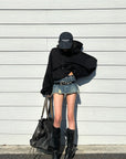 WARDEN EDGE Deconstructed Plaid Draped Distressed Denim Mini Skirt