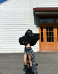 WARDEN EDGE Deconstructed Plaid Draped Distressed Denim Mini Skirt