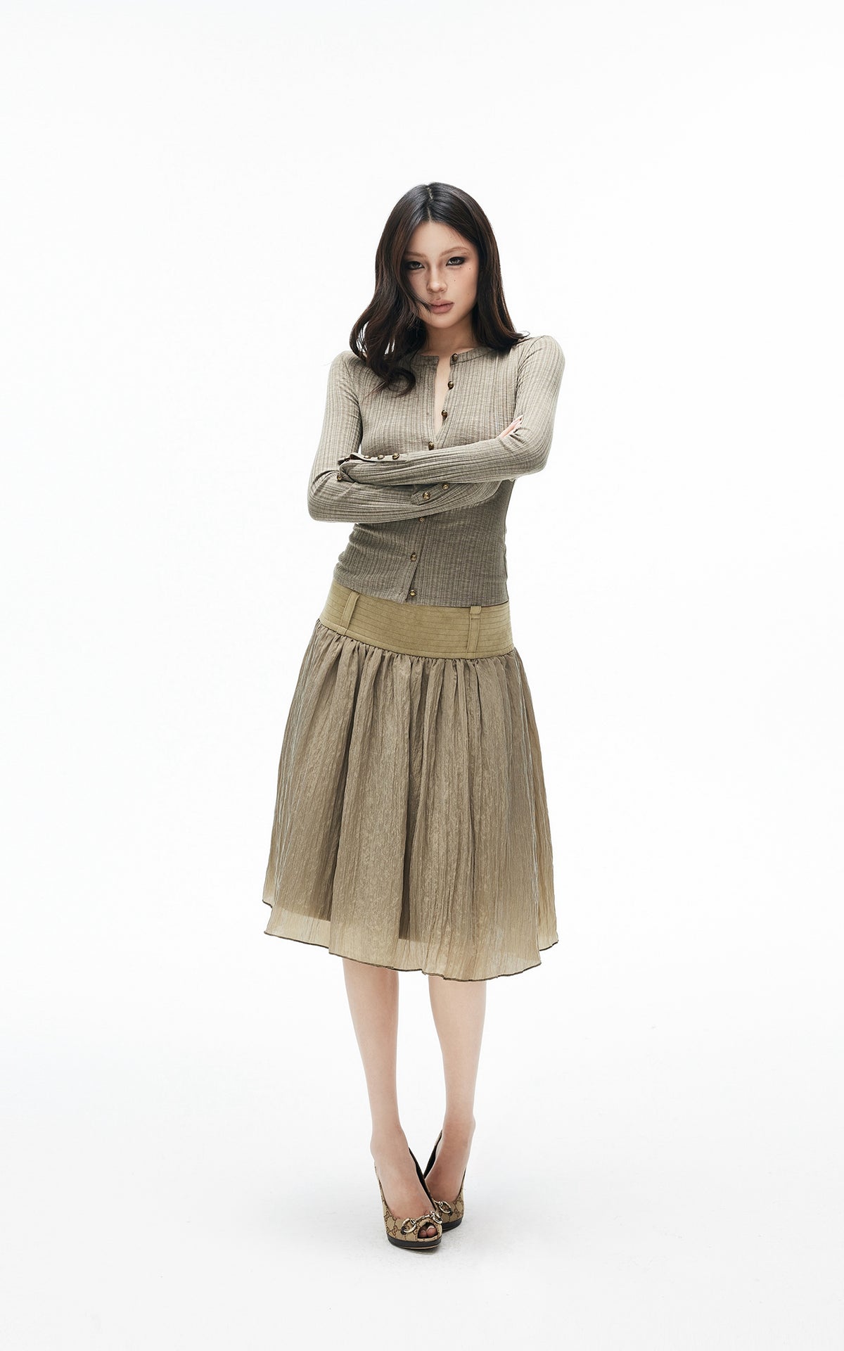 IAMXIAA Sculpted Ribbed Long Sleeve Top with Vintage Metal Button Detailing