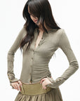 IAMXIAA Sculpted Ribbed Long Sleeve Top with Vintage Metal Button Detailing