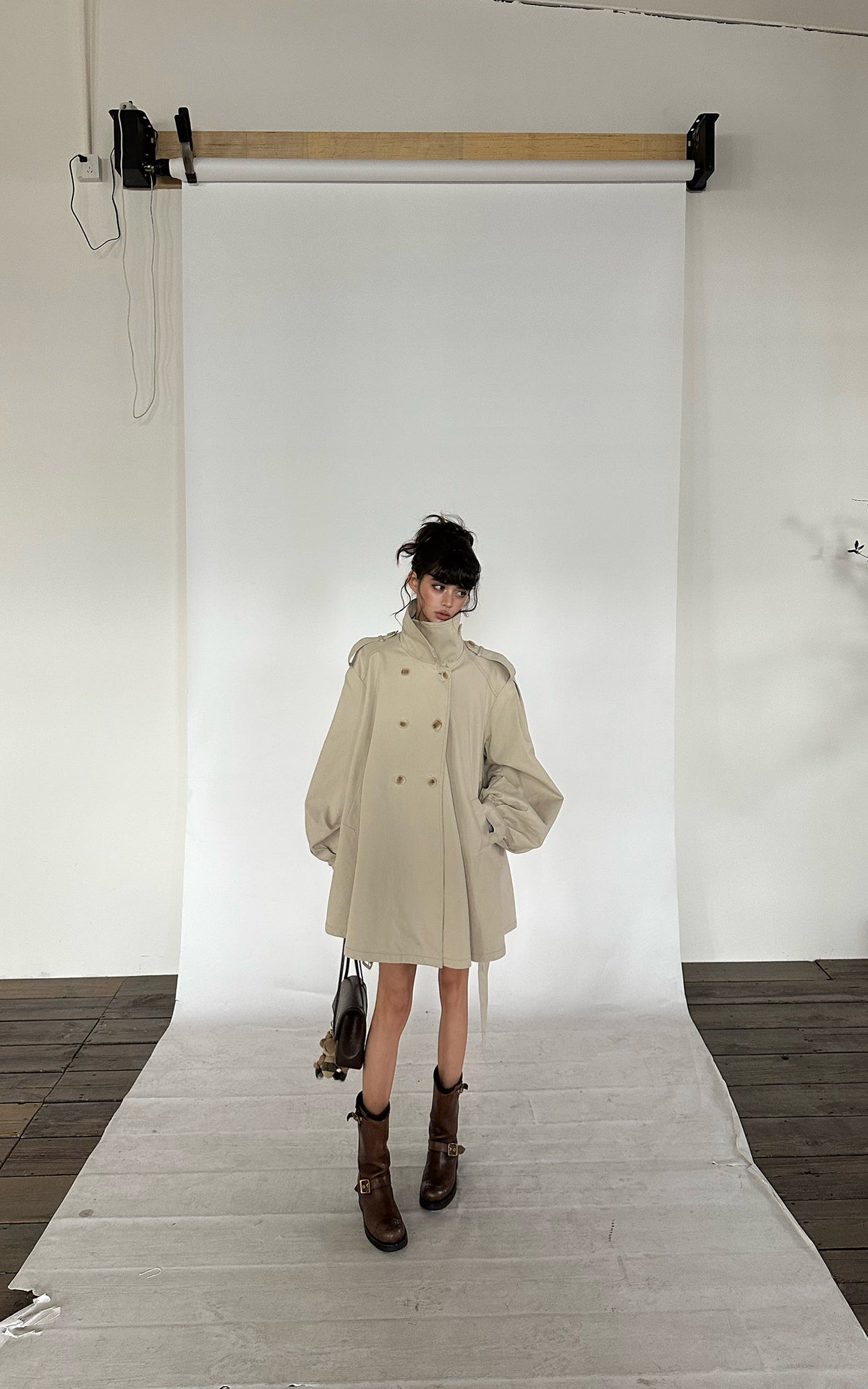 WARDEN EDGE Oversized High-Neck Balloon Sleeve Belted Trench Coat