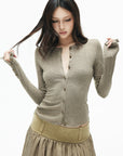 IAMXIAA Sculpted Ribbed Long Sleeve Top with Vintage Metal Button Detailing