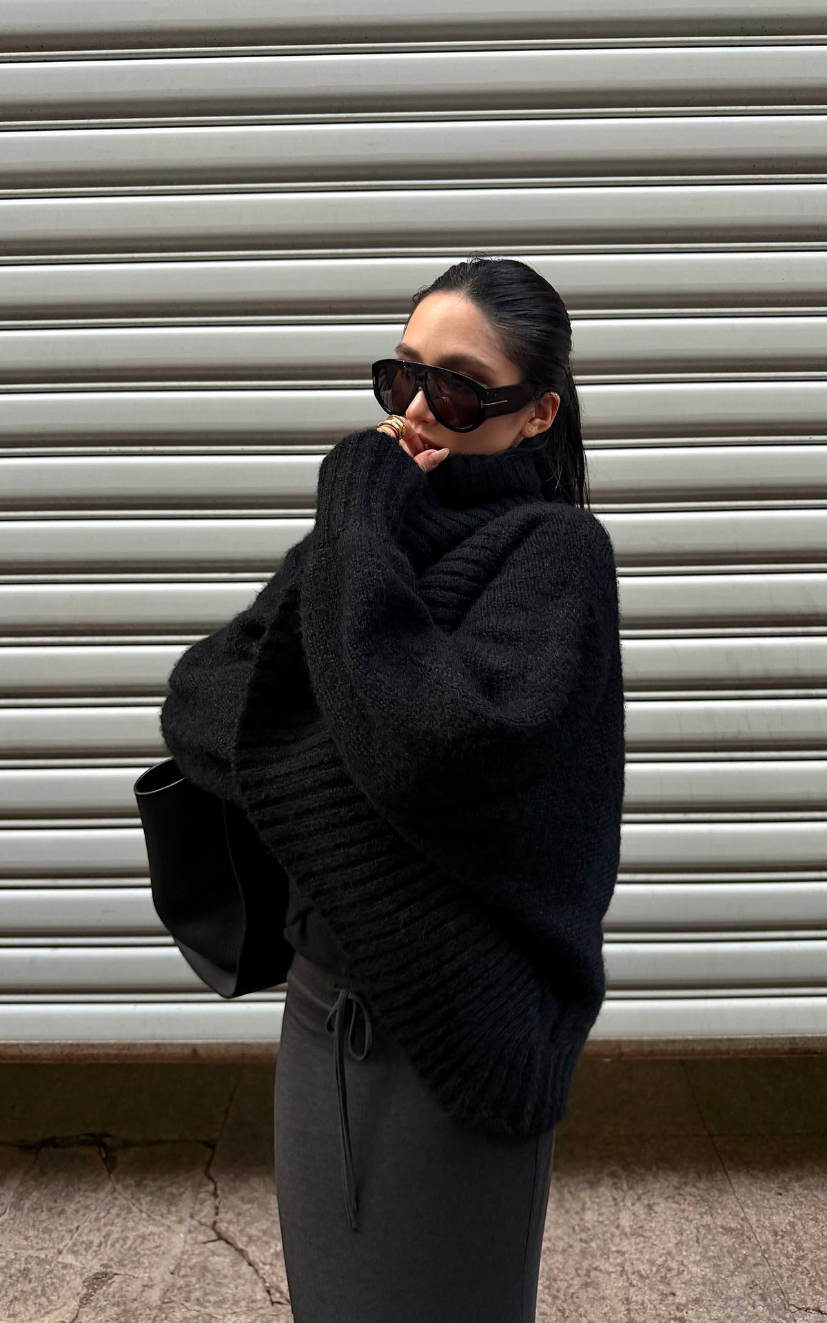 ROVENTE Oversized Ribbed Shawl Collar Balloon Sleeve Cardigan