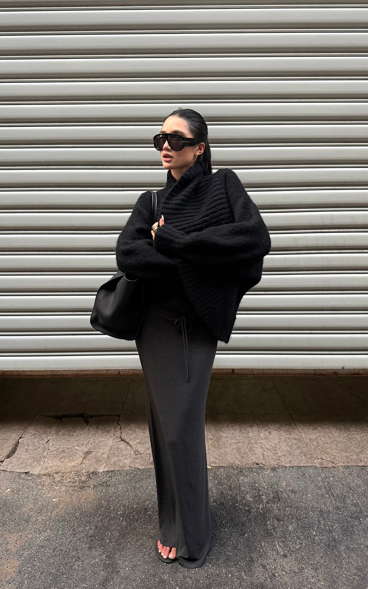 ROVENTE Oversized Ribbed Shawl Collar Balloon Sleeve Cardigan