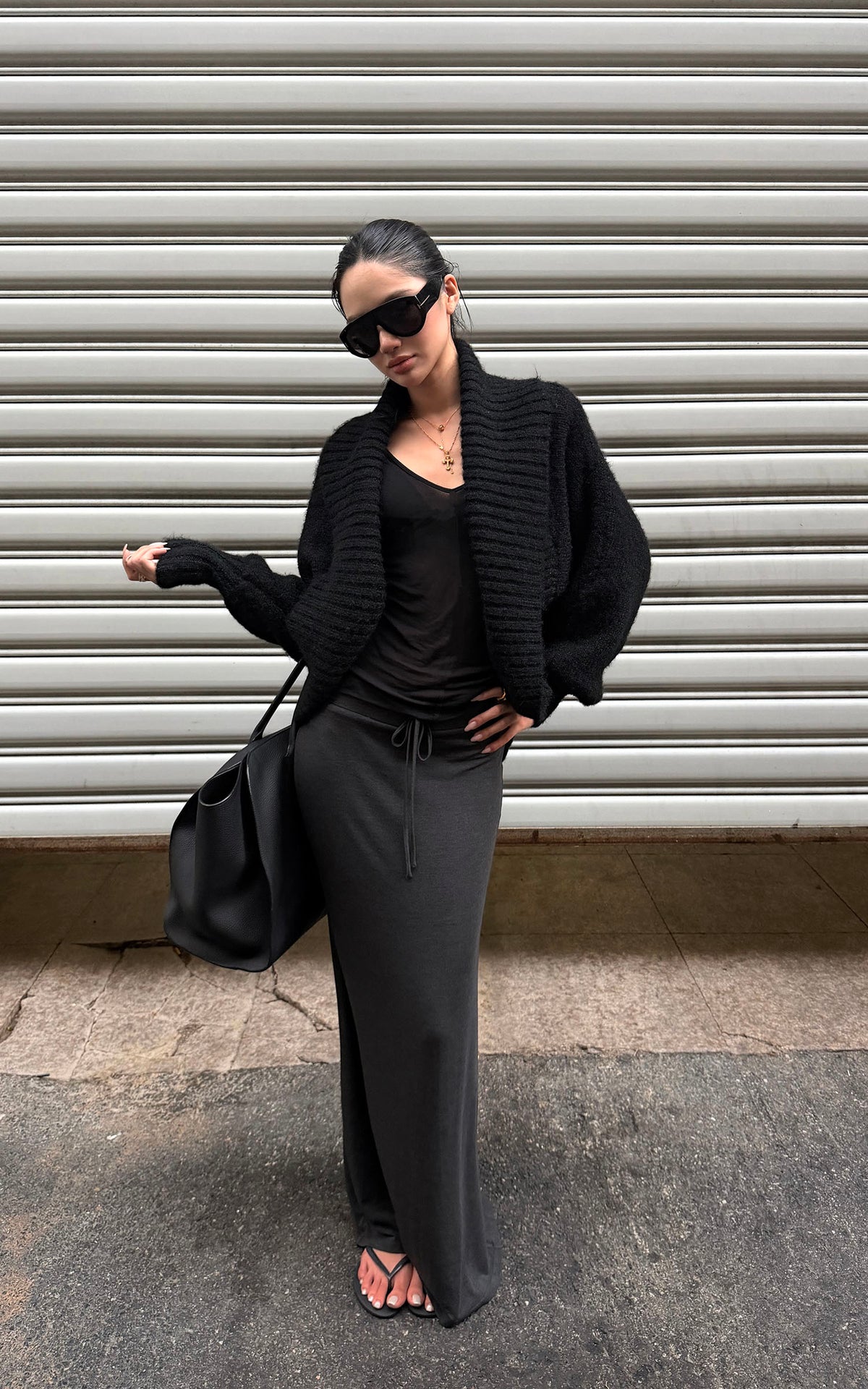 ROVENTE Oversized Ribbed Shawl Collar Balloon Sleeve Cardigan
