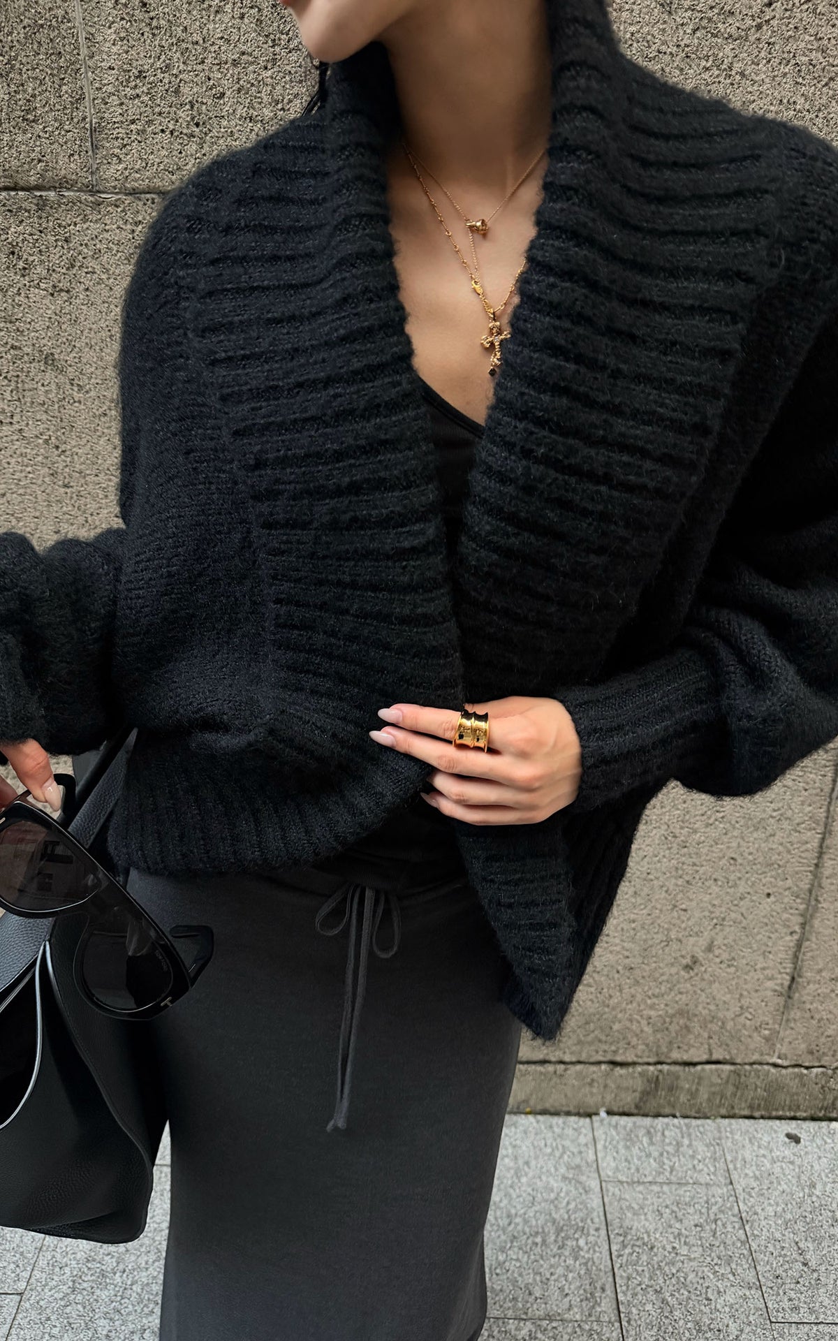 ROVENTE Oversized Ribbed Shawl Collar Balloon Sleeve Cardigan