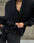 ROVENTE Oversized Ribbed Shawl Collar Balloon Sleeve Cardigan