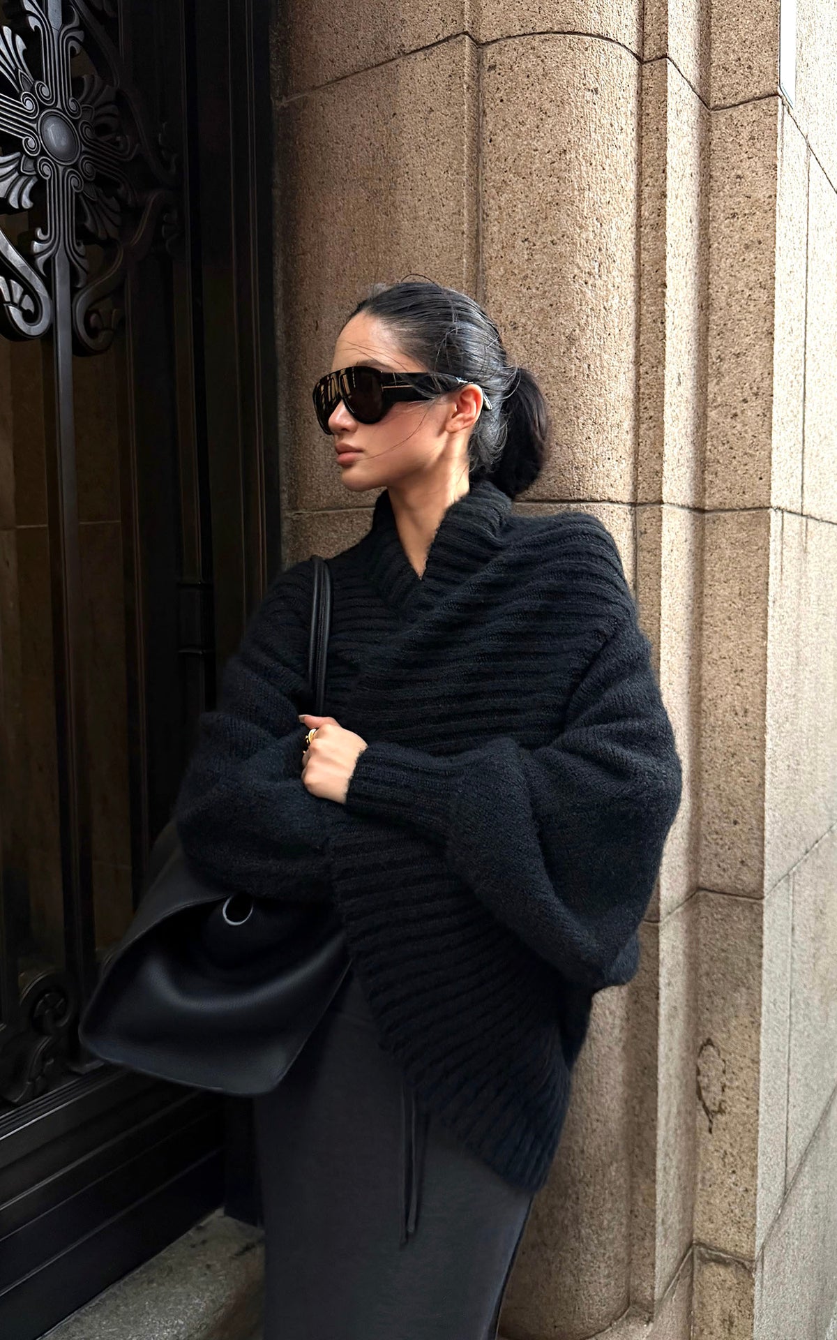 ROVENTE Oversized Ribbed Shawl Collar Balloon Sleeve Cardigan
