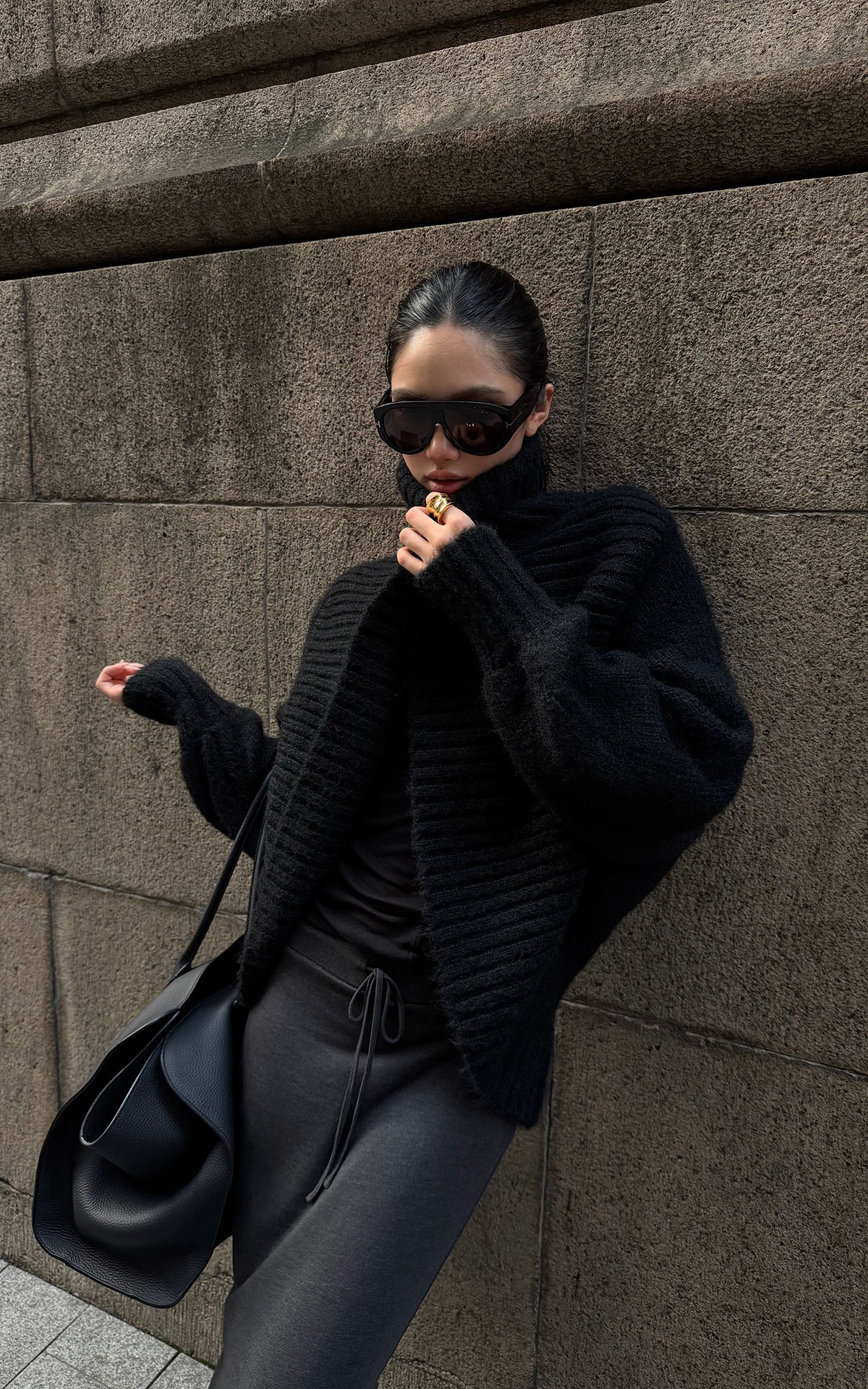 ROVENTE Oversized Ribbed Shawl Collar Balloon Sleeve Cardigan