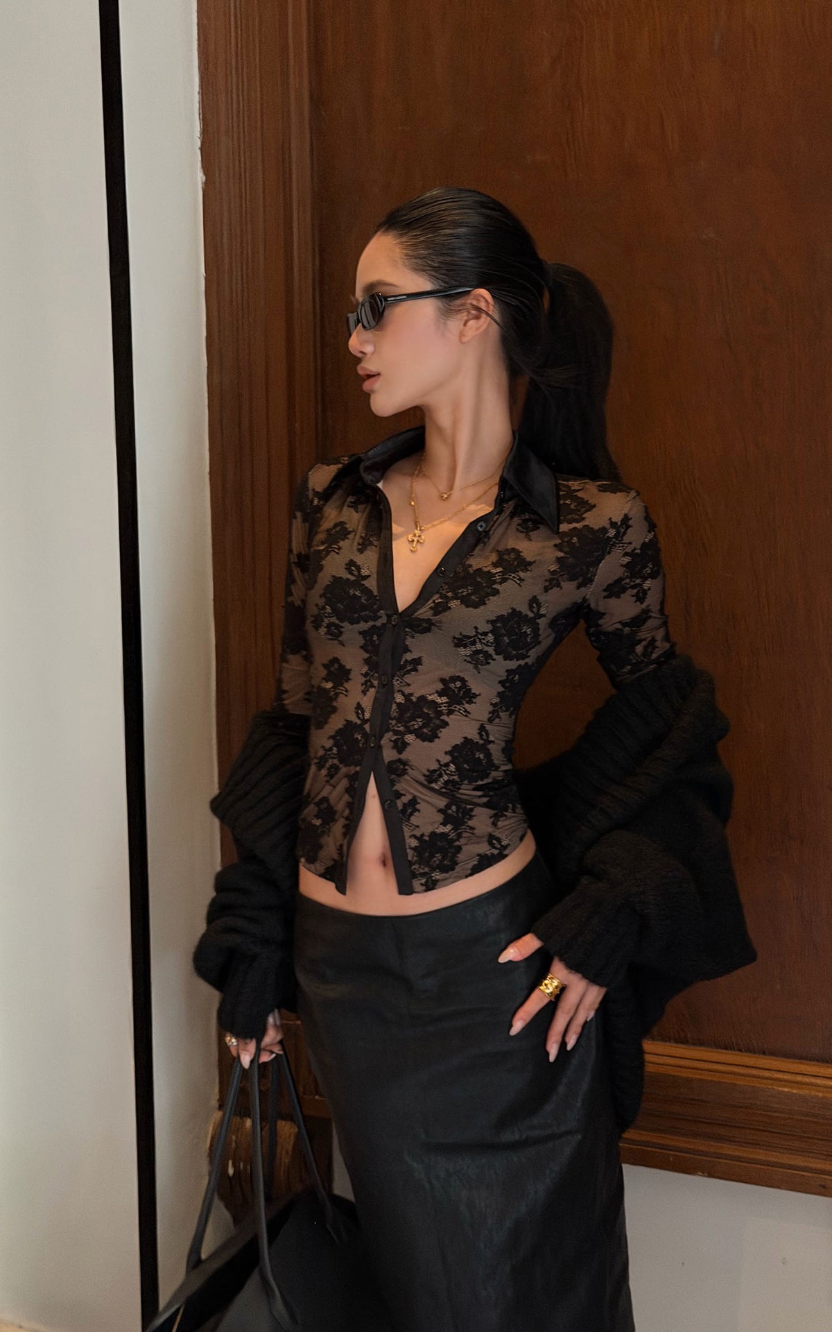 ROVENTE Floral Lace Shirt &amp; Maxi Skirt Set
