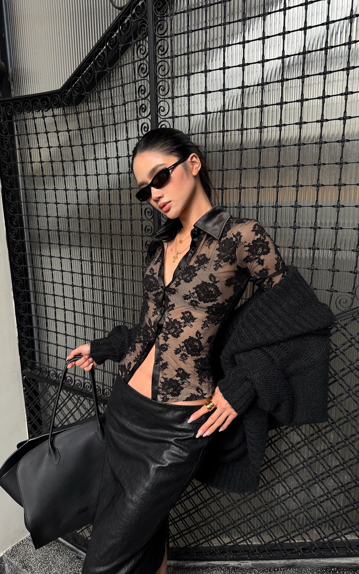 ROVENTE Floral Lace Shirt &amp; Maxi Skirt Set