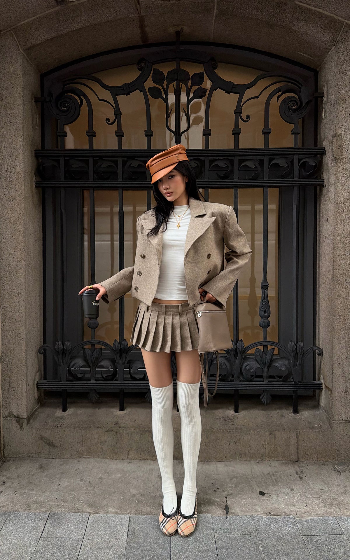 ROVENTE Cropped Double-Breasted Blazer &amp; Pleated Mini Skirt Set