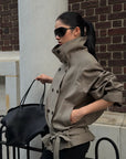 ROVENTE Double-Breasted High Stand Collar Belted Short Trench Jacket