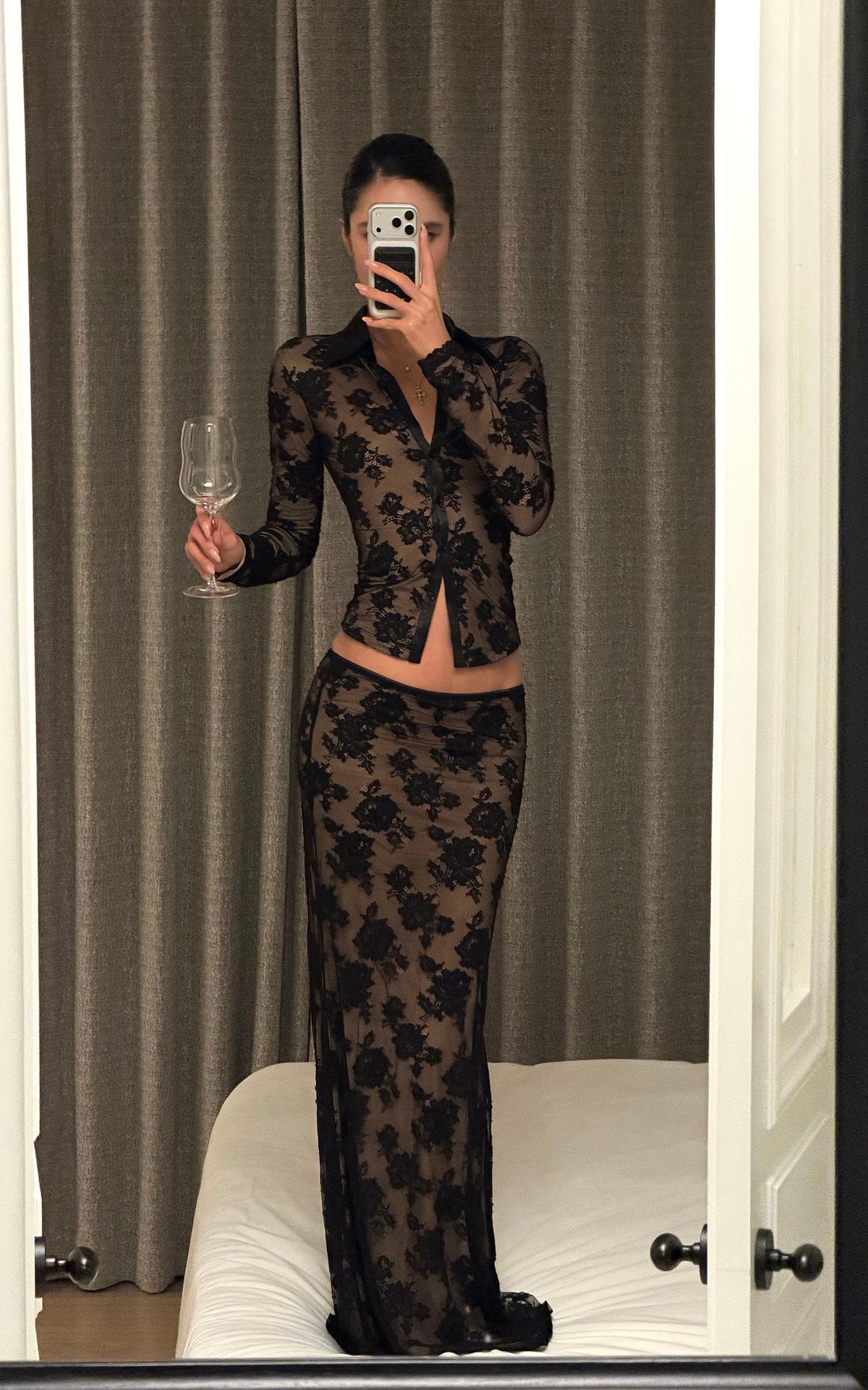 ROVENTE Floral Lace Shirt &amp; Maxi Skirt Set