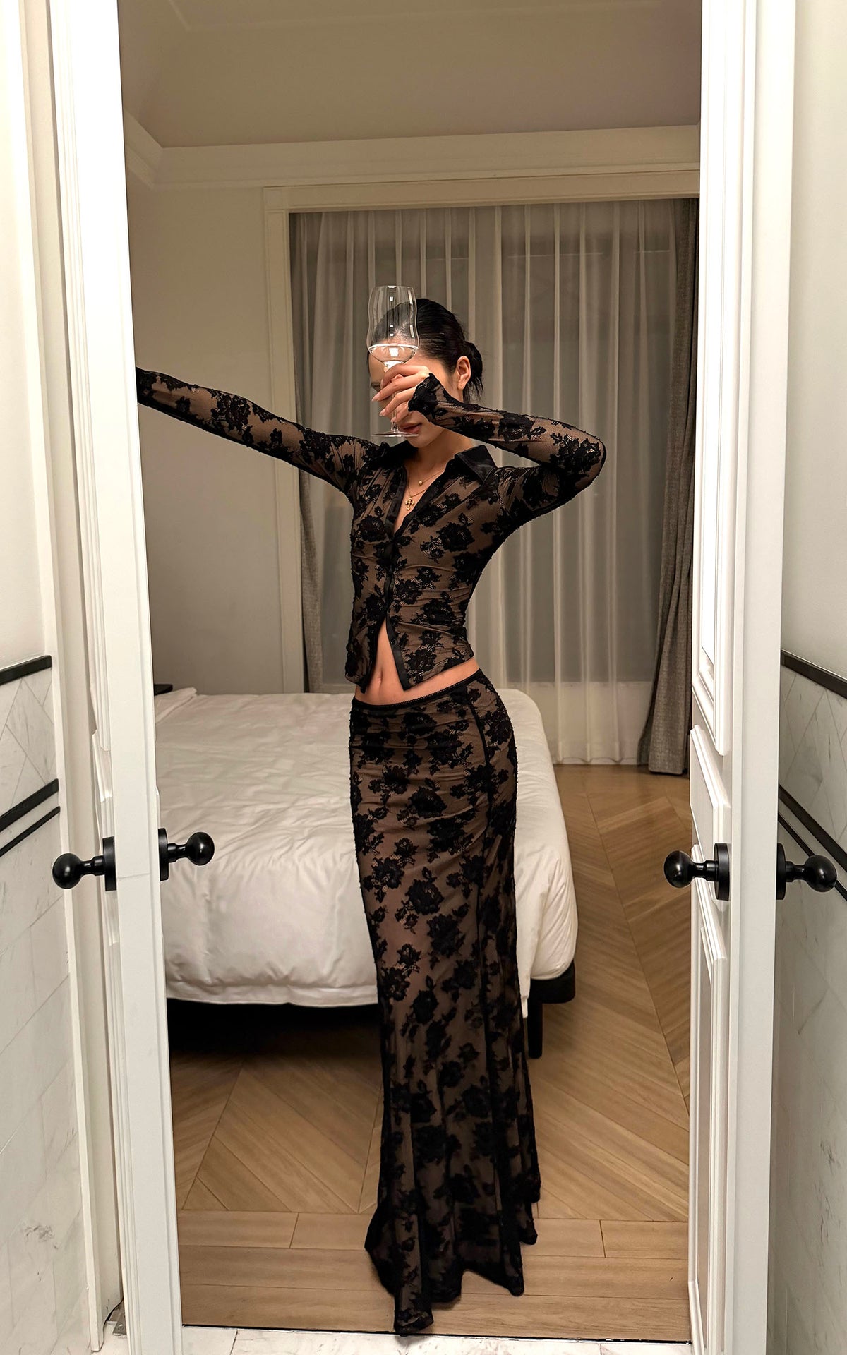 ROVENTE Floral Lace Shirt &amp; Maxi Skirt Set