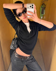 ROVENTE Black Open-Collar Fine Knit Sweater