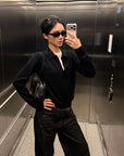 ROVENTE Black Open-Collar Fine Knit Sweater