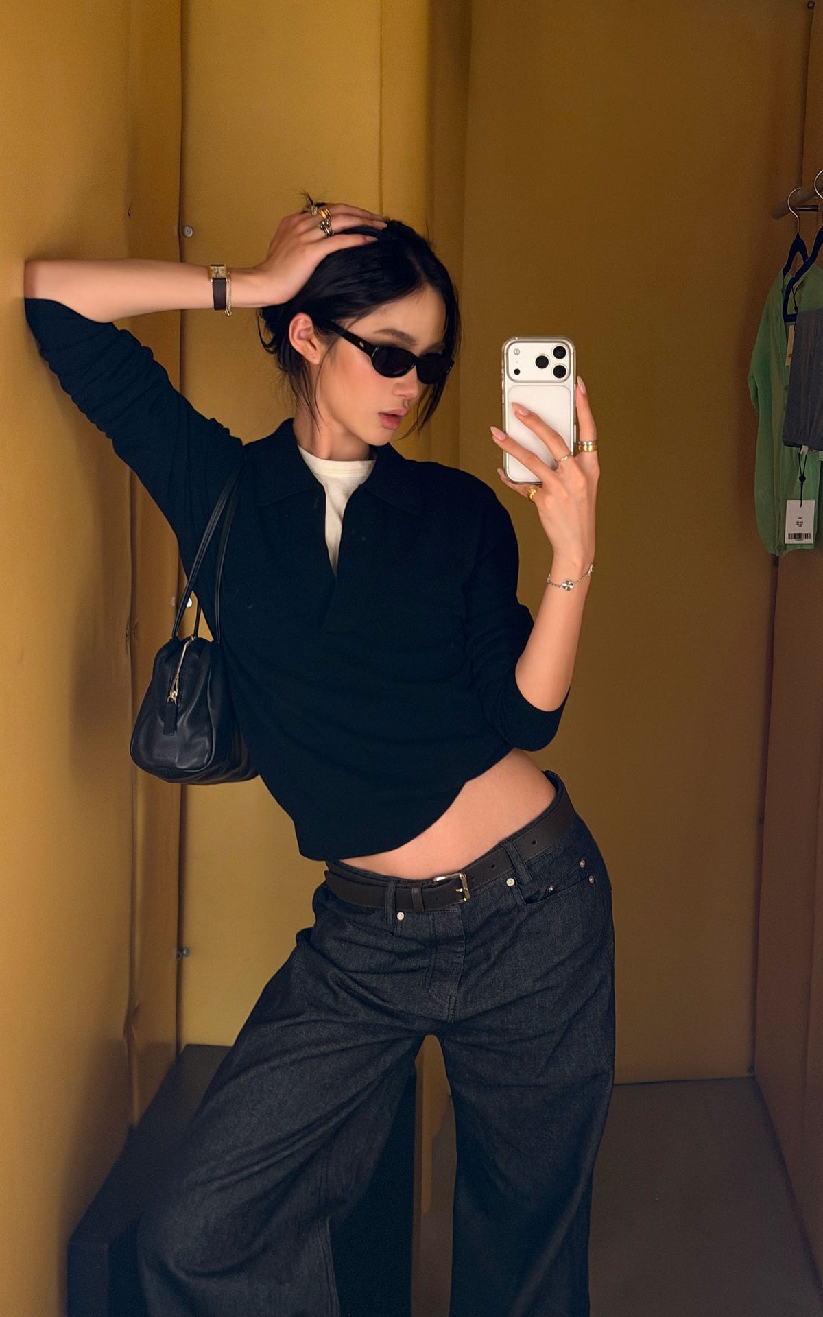 ROVENTE Black Open-Collar Fine Knit Sweater