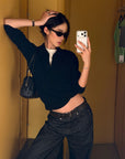 ROVENTE Black Open-Collar Fine Knit Sweater