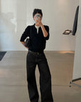 ROVENTE Black Open-Collar Fine Knit Sweater