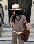 ROVENTE Brushed V-Neck Relaxed Fit Long Sleeve Knit Sweater
