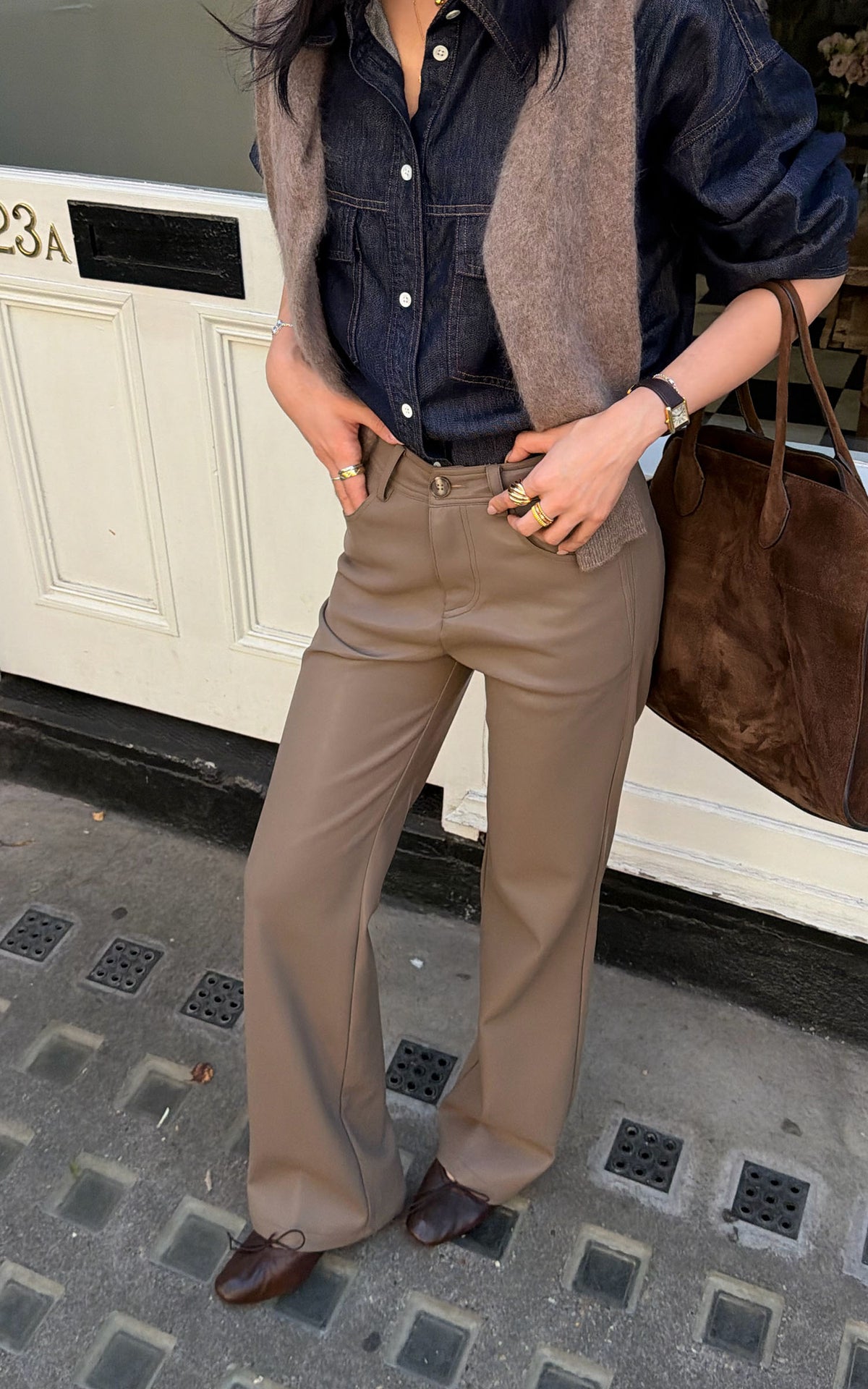 ROVENTE Pantalon large taille haute en similicuir