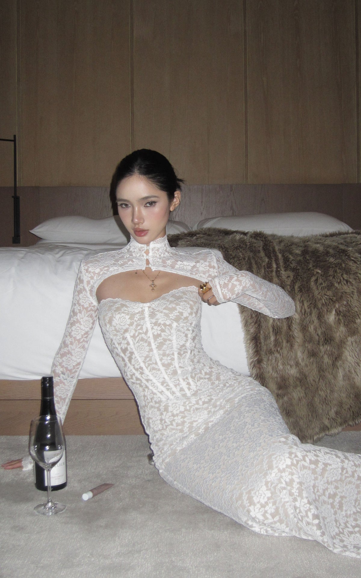 ROVENTE Ivory Lace Corset Cutout Maxi Dress