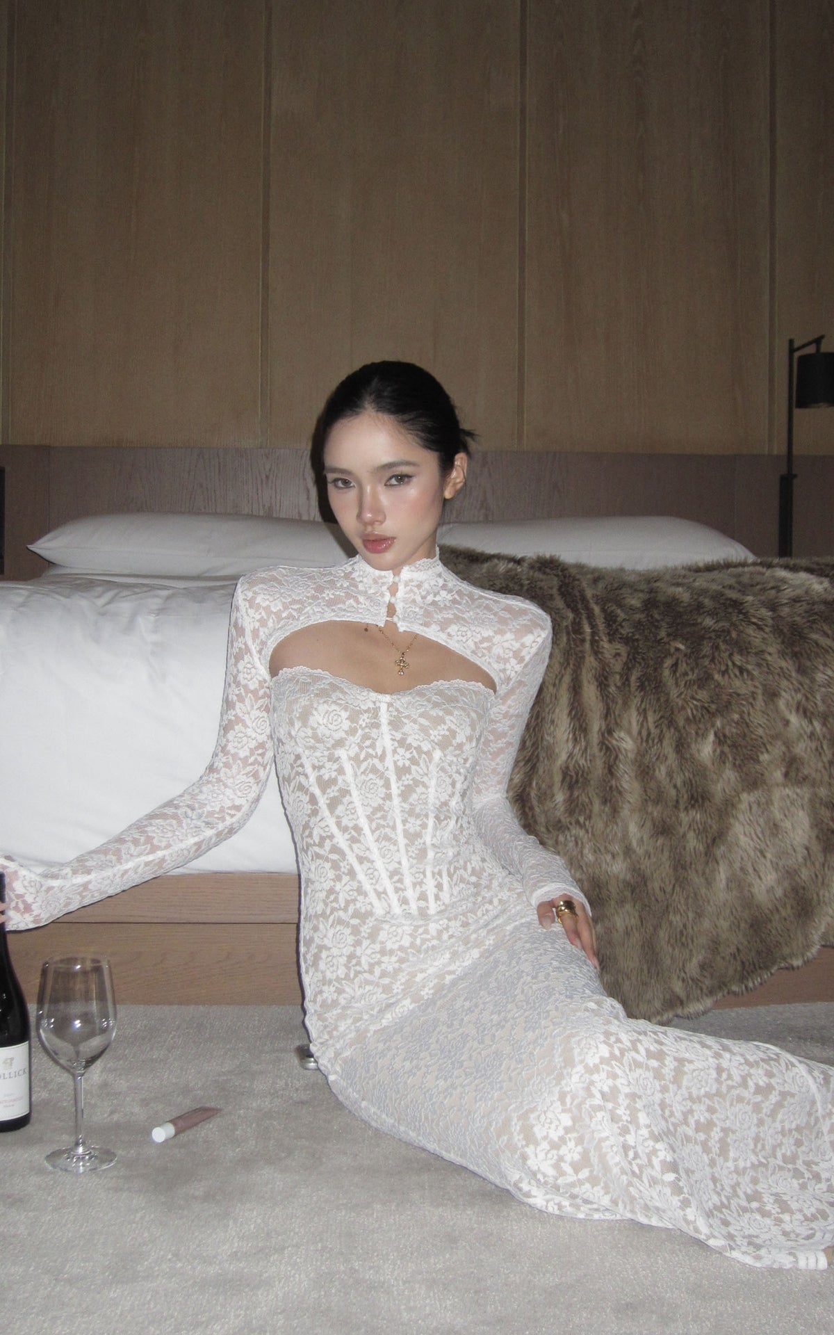 ROVENTE Ivory Lace Corset Cutout Maxi Dress