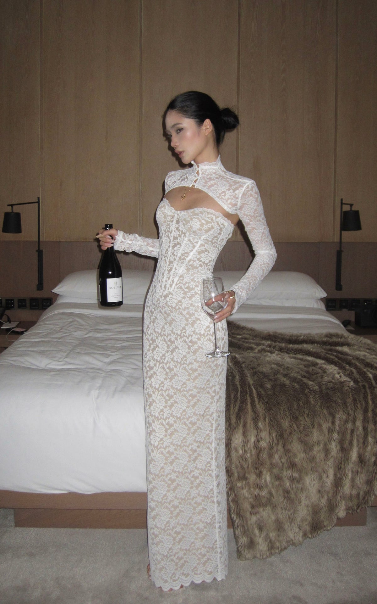 ROVENTE Ivory Lace Corset Cutout Maxi Dress