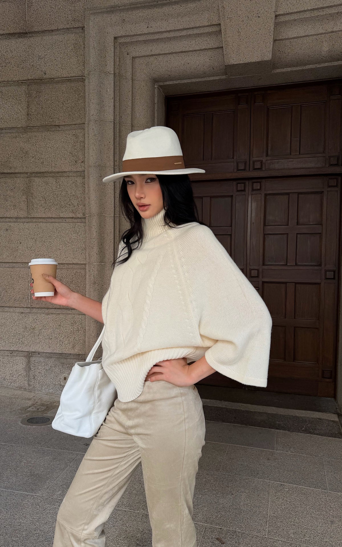 ROVENTE Cable-Knit Wool Turtleneck Relaxed Wide-Sleeve Sweater