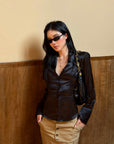 ROVENTE Black Satin Lace-Up Fitted Shirt
