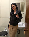 ROVENTE Black Satin Lace-Up Fitted Shirt