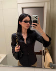 ROVENTE Black Satin Lace-Up Fitted Shirt
