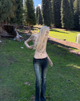 Rase le sol Faded Flared Denim Pants with Copper-Tone Rivets & Embroidered Back Pockets