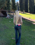 Rase le sol Faded Flared Denim Pants with Copper-Tone Rivets & Embroidered Back Pockets