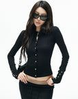 IAMXIAA Sculpted Ribbed Long Sleeve Top with Vintage Metal Button Detailing