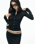 IAMXIAA Sculpted Ribbed Long Sleeve Top with Vintage Metal Button Detailing
